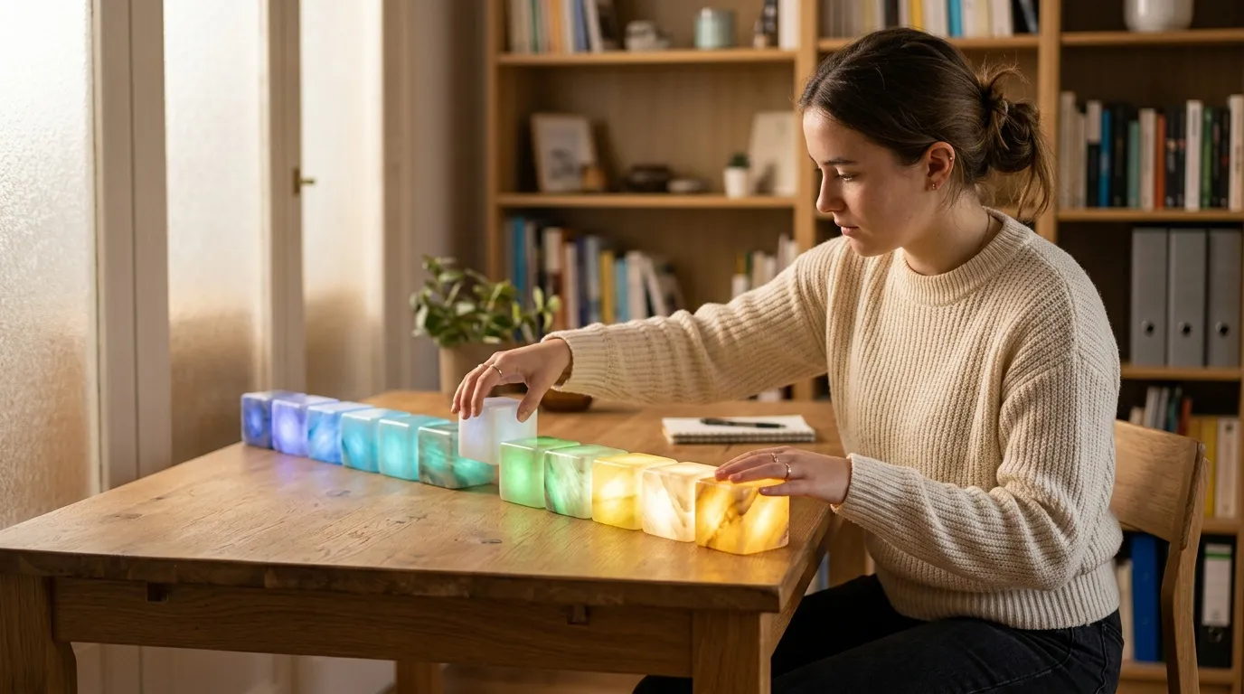 Femme manipulant des cubes lumineux colorés sur une table