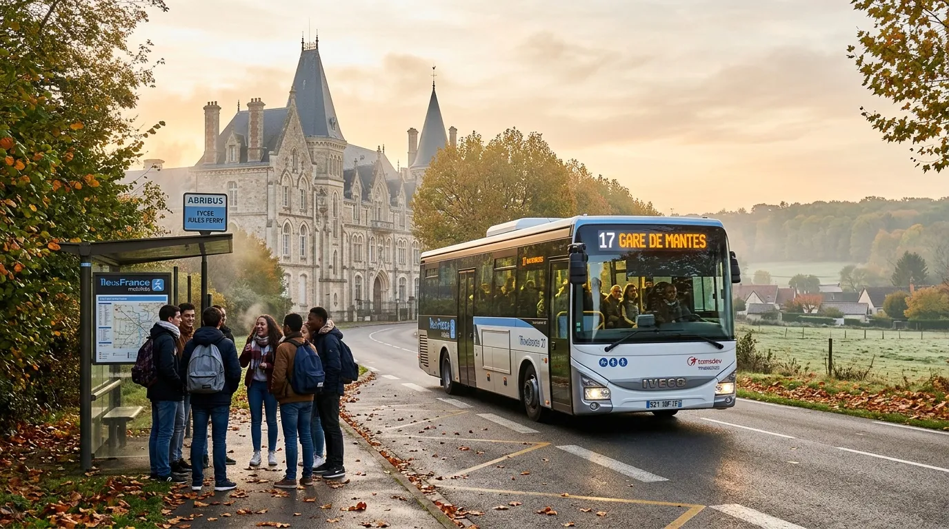 Élèves attendant bus ligne 17 près château médiéval automne