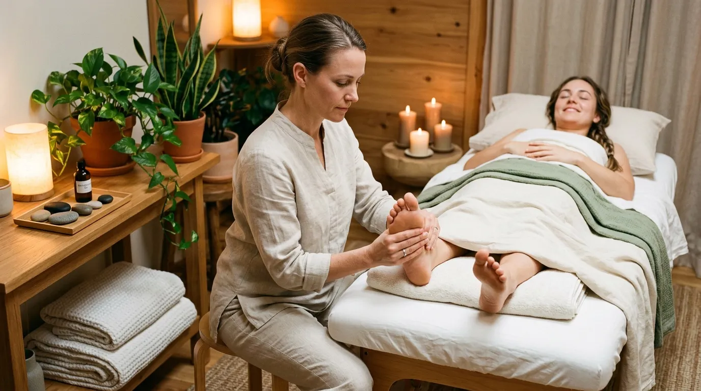 Th&eacute;rapeute massant les pieds d'une femme enceinte dans un spa.