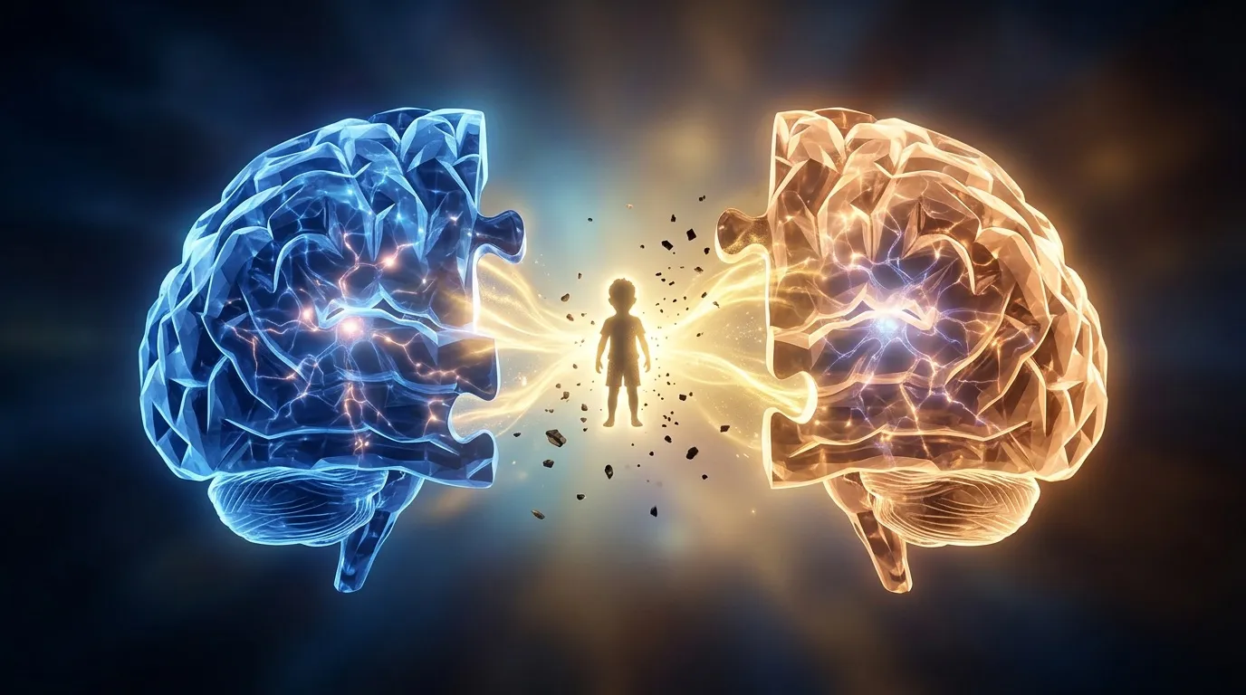 Deux cerveaux illumin&eacute;s reli&eacute;s par une silhouette humaine