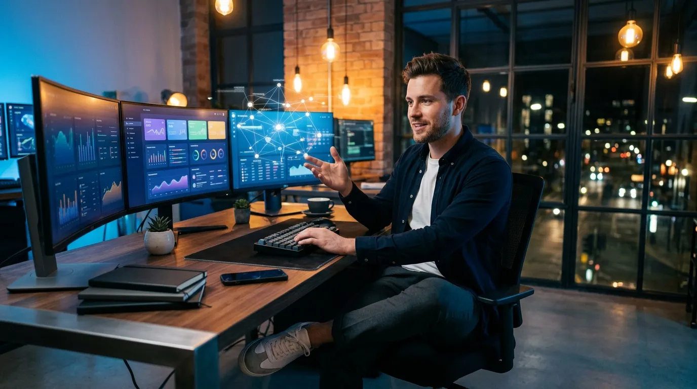 Homme travaillant sur tableaux de bord analytiques num&eacute;riques