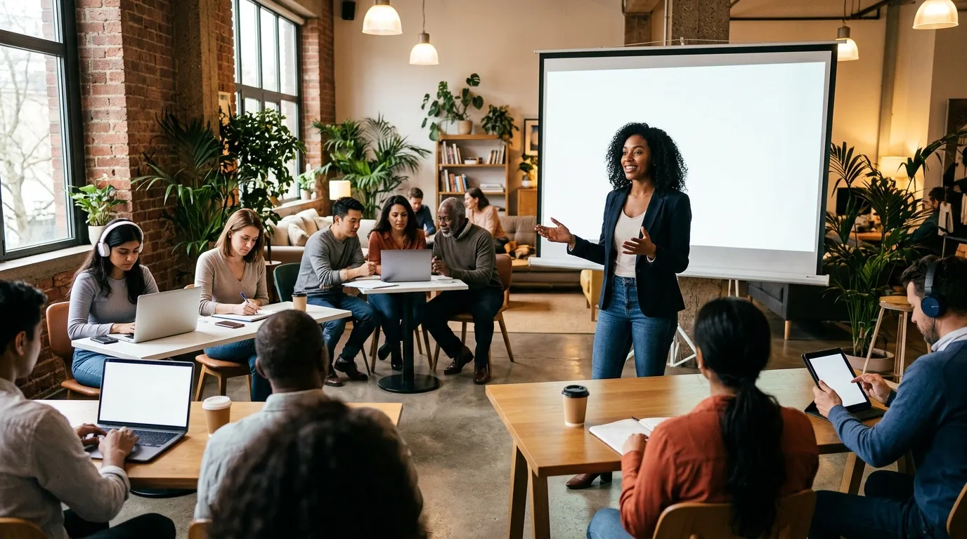 Femme pr&eacute;sentant devant un groupe dans un bureau collaboratif