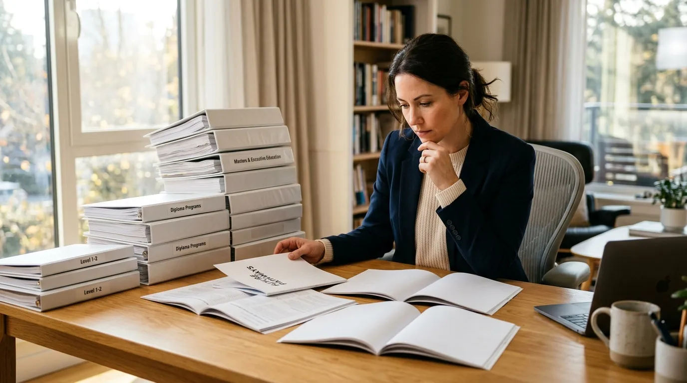 Femme en costume examinant des documents et livres au bureau