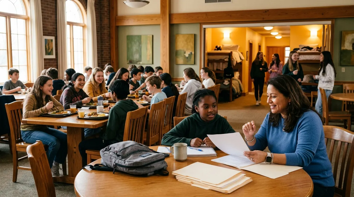 Étudiants mangent et étudient ensemble dans une salle commune.