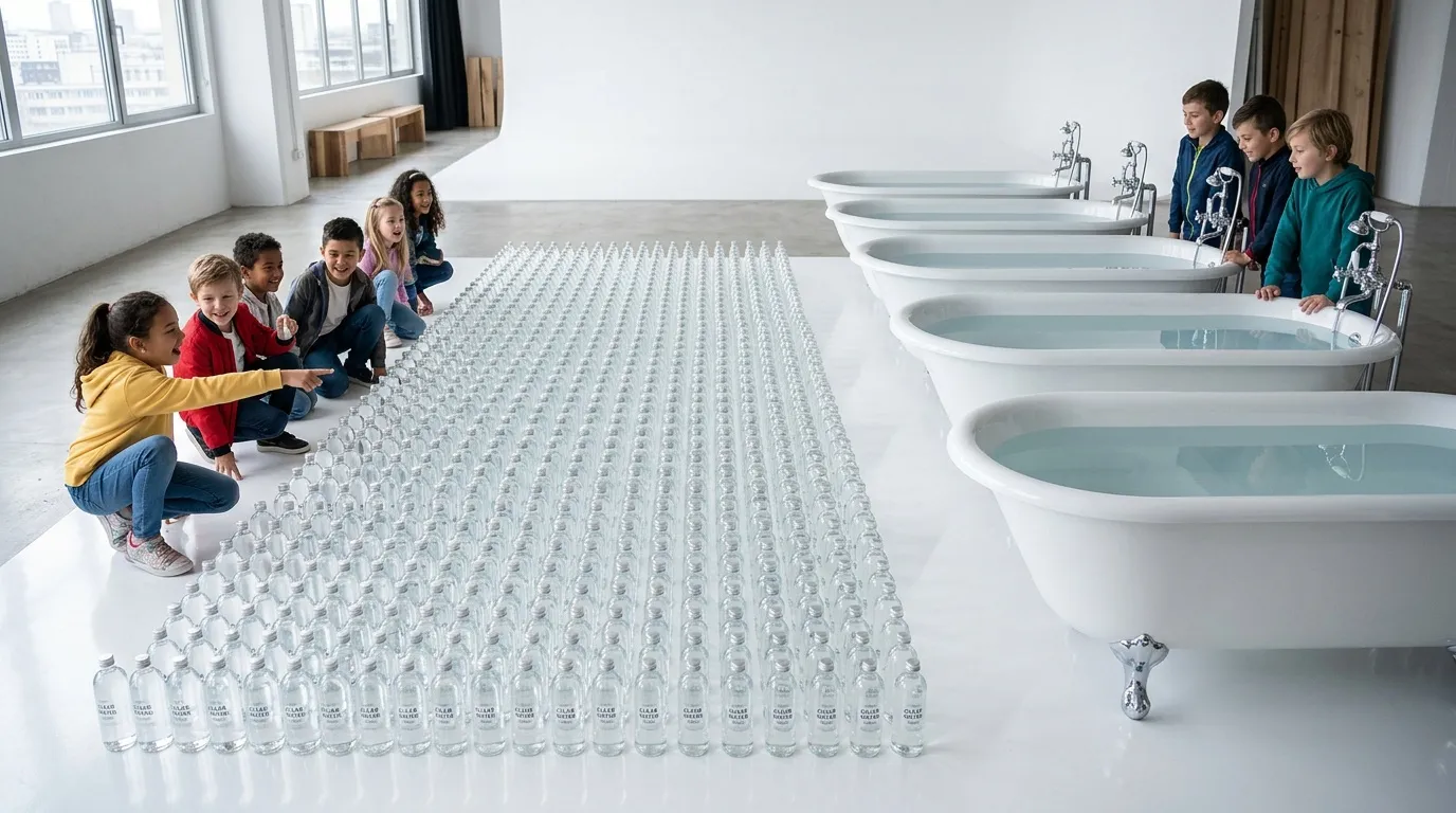 Enfants observant des bouteilles d'eau et des baignoires remplies