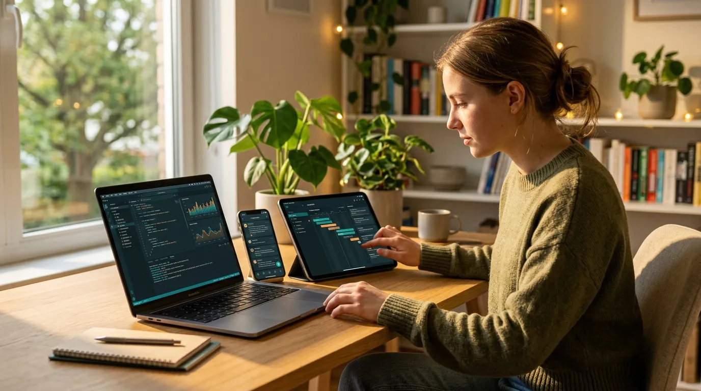 Femme d&eacute;veloppeuse devant laptop, tablet et smartphone avec code