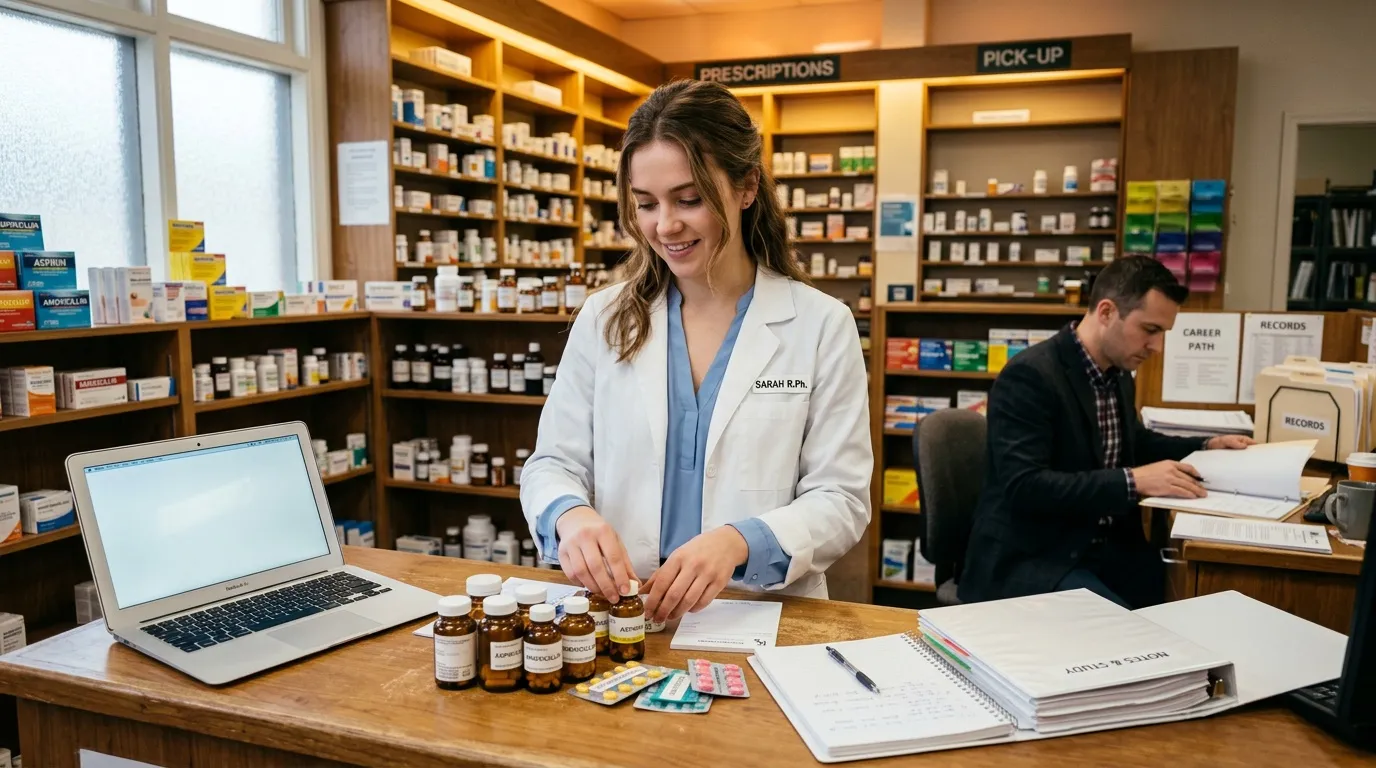 Pharmacienne en blouse blanche organisant des flacons de m&eacute;dicaments &agrave; son comptoir