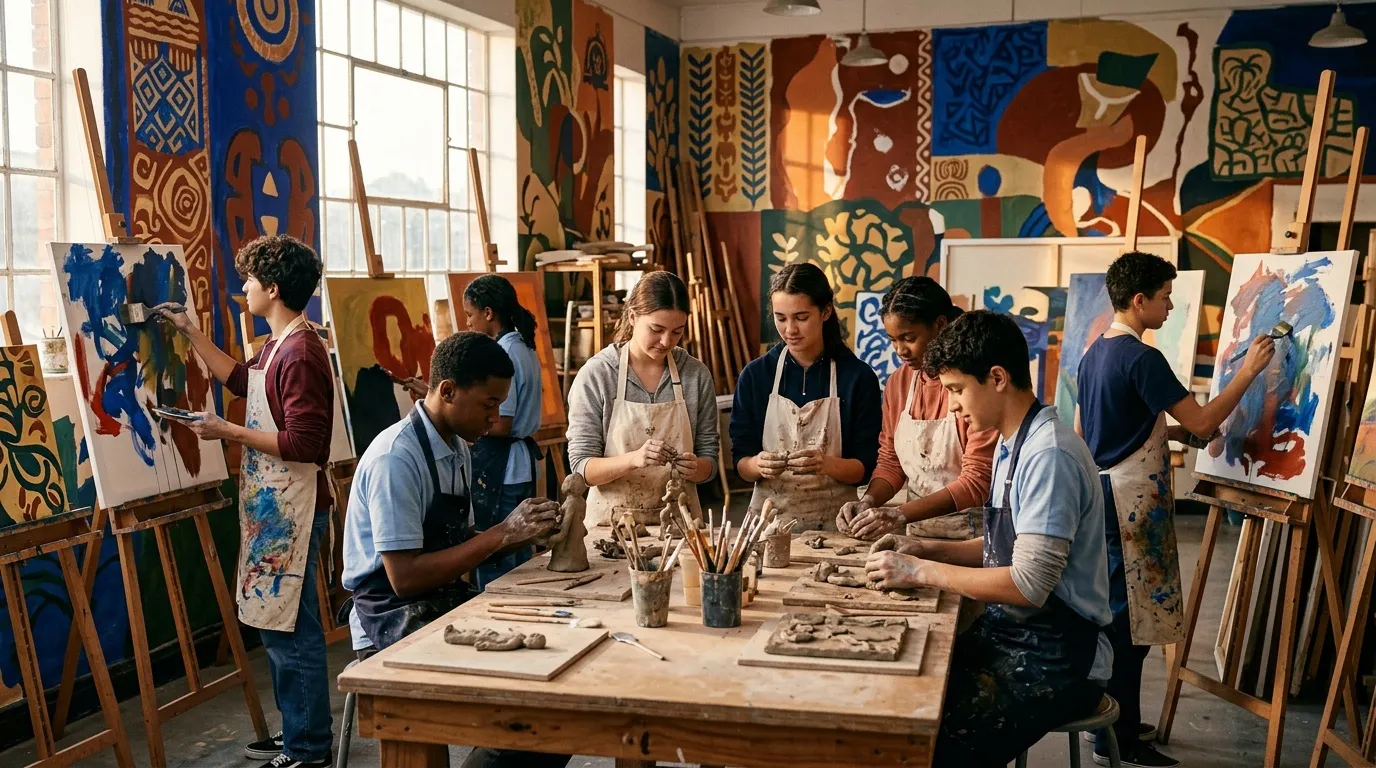 Groupe d'étudiants créant de la poterie dans un atelier artistique coloré