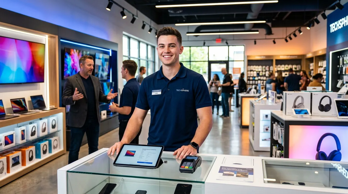 Jeune vendeur souriant à son comptoir dans un magasin de technologie