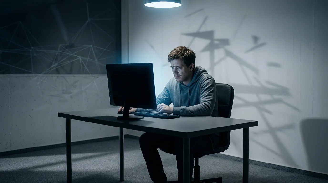 Homme programmant seul &agrave; son bureau informatique