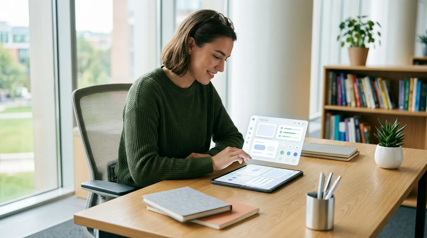 Jeune femme souriante travaillant sur une tablette à son bureau
