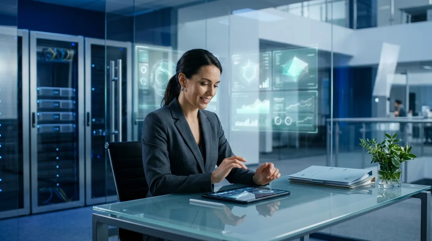 Femme d'affaires travaillant sur tablette en bureau moderne