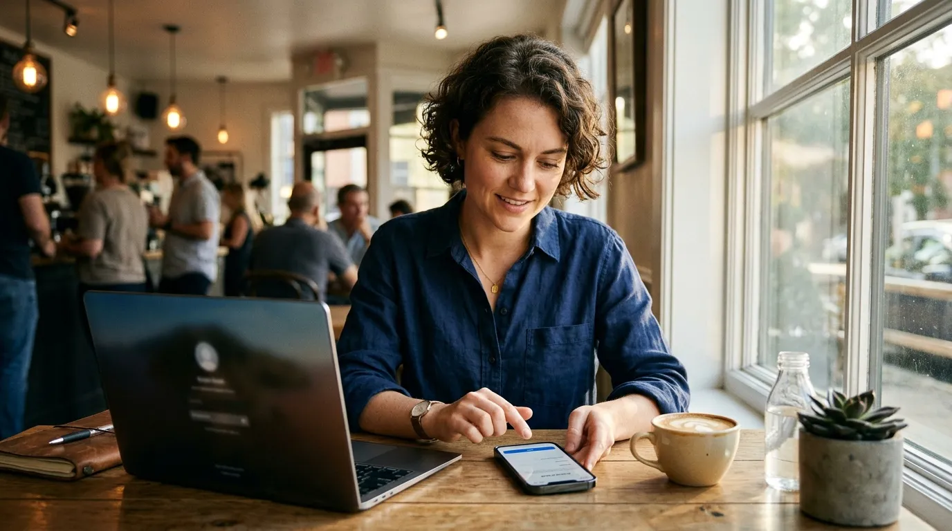 Femme souriante utilisant laptop et smartphone dans un café moderne