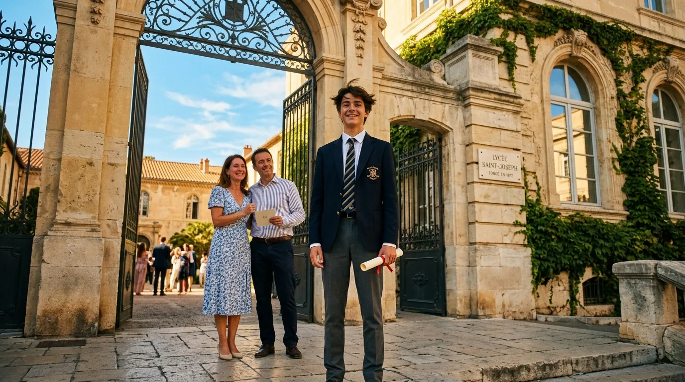 Jeune diplômé en uniforme scolaire avec ses parents devant lycée