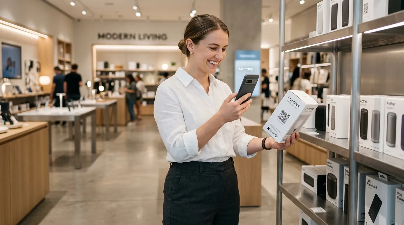 Vendeur scanne code QR produit avec smartphone en magasin