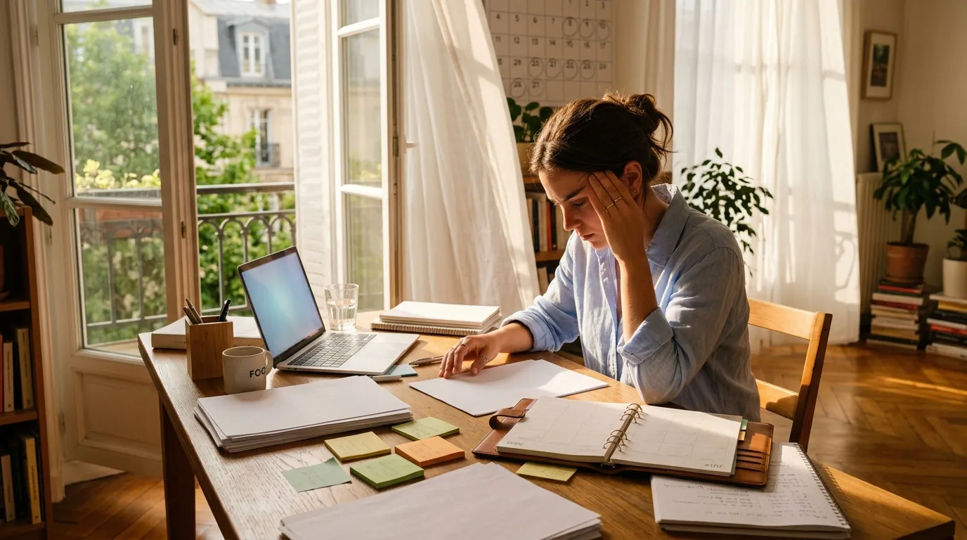 Femme à son bureau avec laptop, documents et cahiers, travaillant concentrée