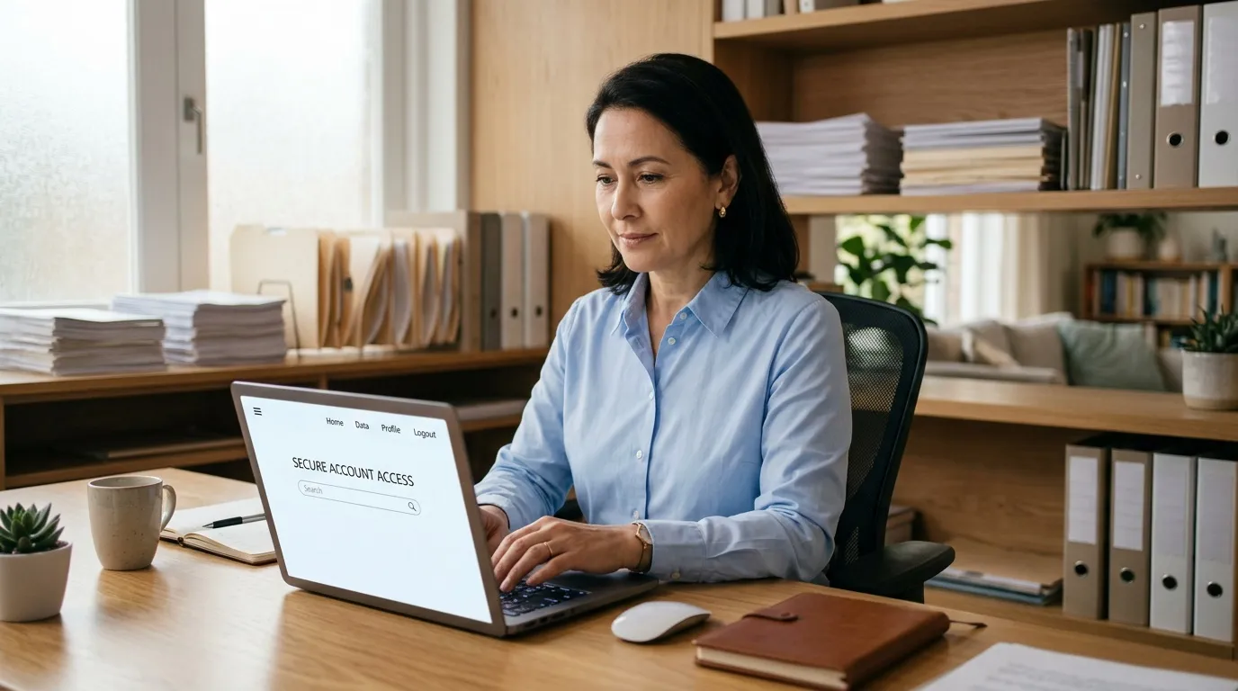 Femme travaillant sur ordinateur portable avec interface d'authentification sécurisée