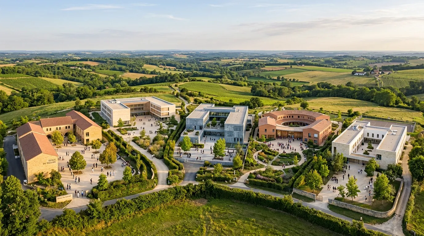 Vue aérienne d'un complexe architectural moderne entouré de paysages agricoles.
