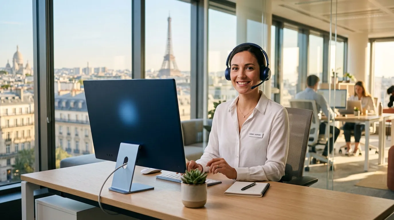 Femme avec casque travaillant à distance, vue sur Paris