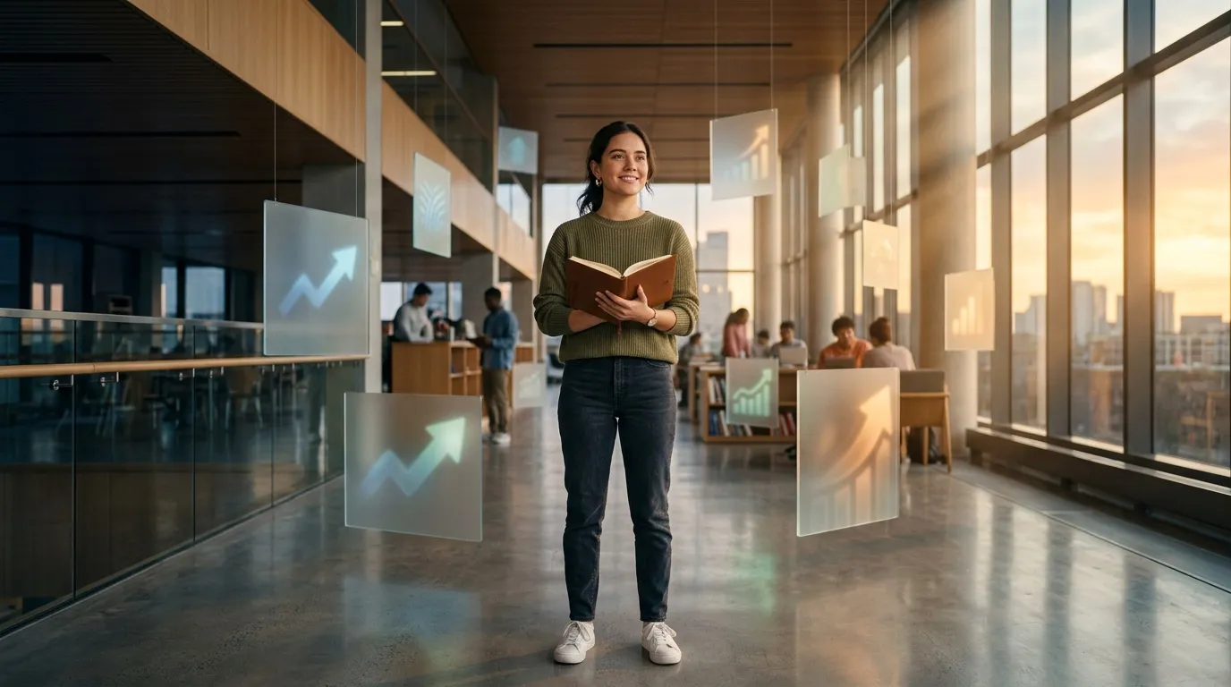 Femme souriante tenant un livre dans un bureau contemporain lumineux