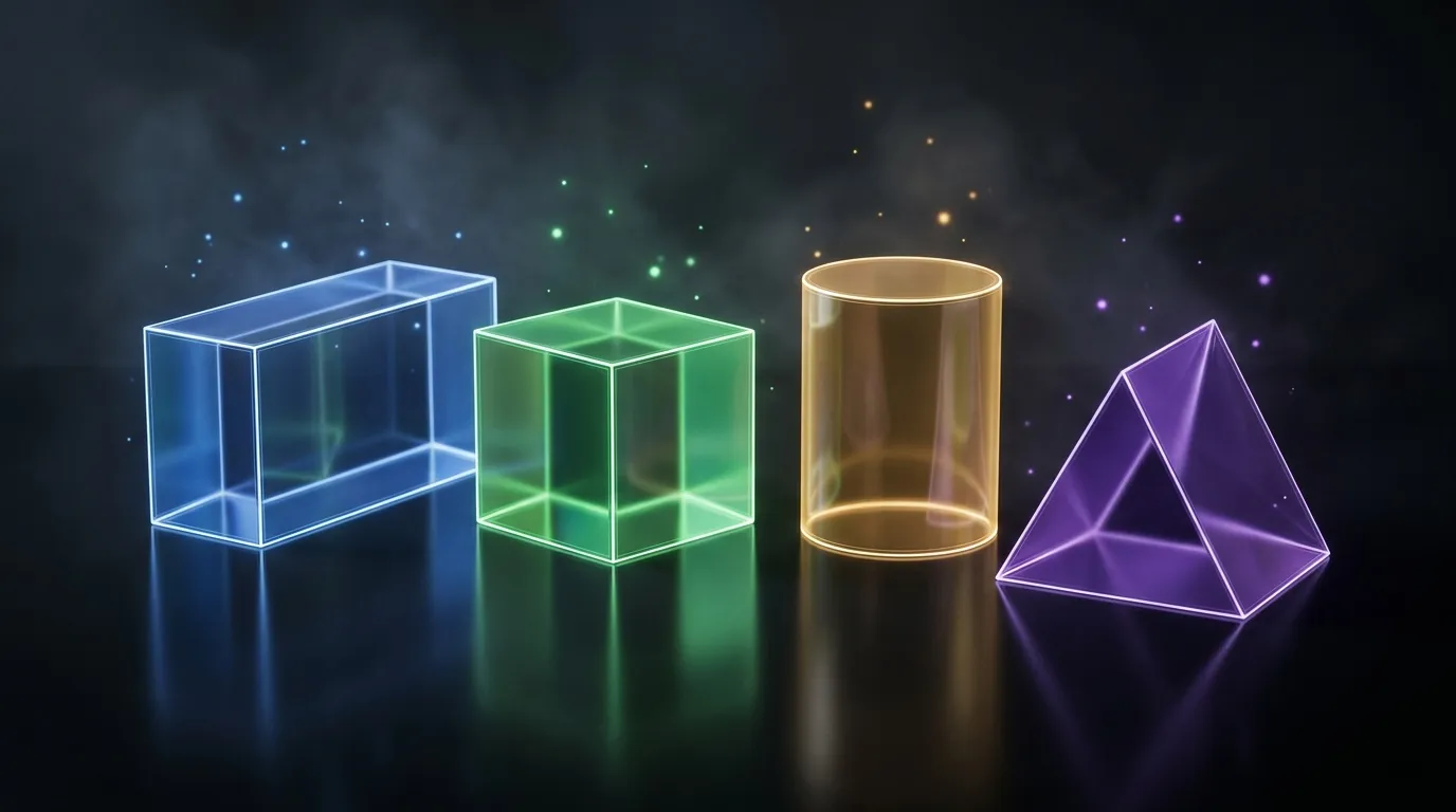 Quatre formes géométriques brillantes colorées sur fond noir