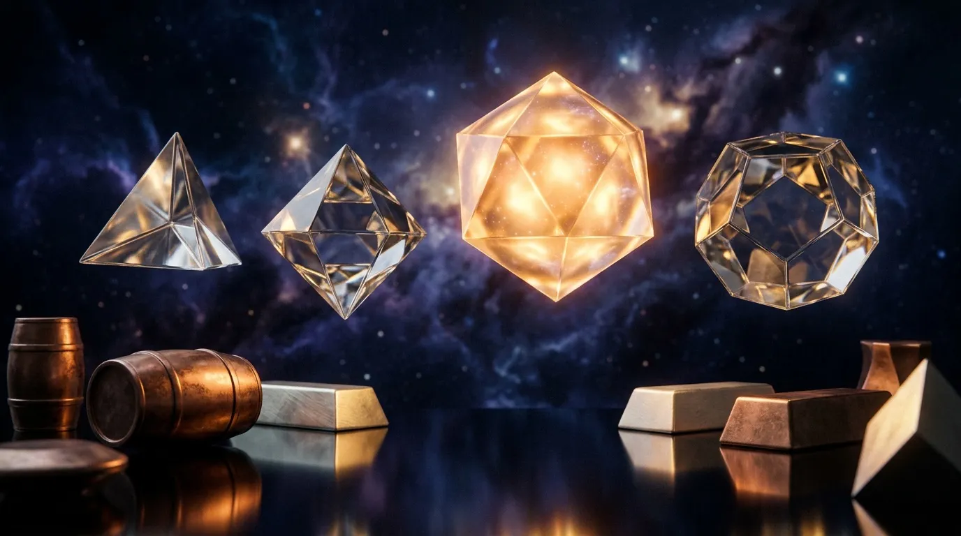 Quatre polyèdres géométriques brillants sur fond cosmique bleu