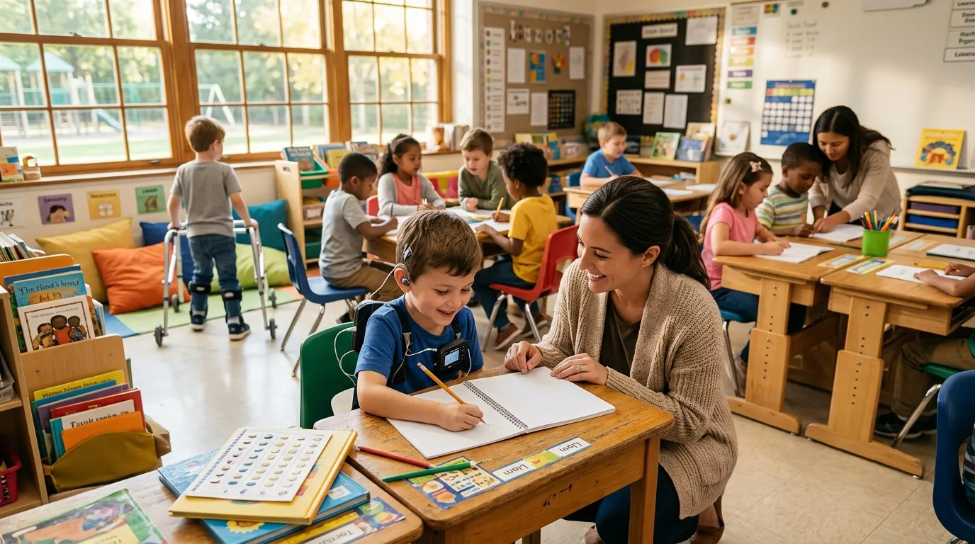 Enseignante aide un enfant à écrire dans une salle de classe colorée.
