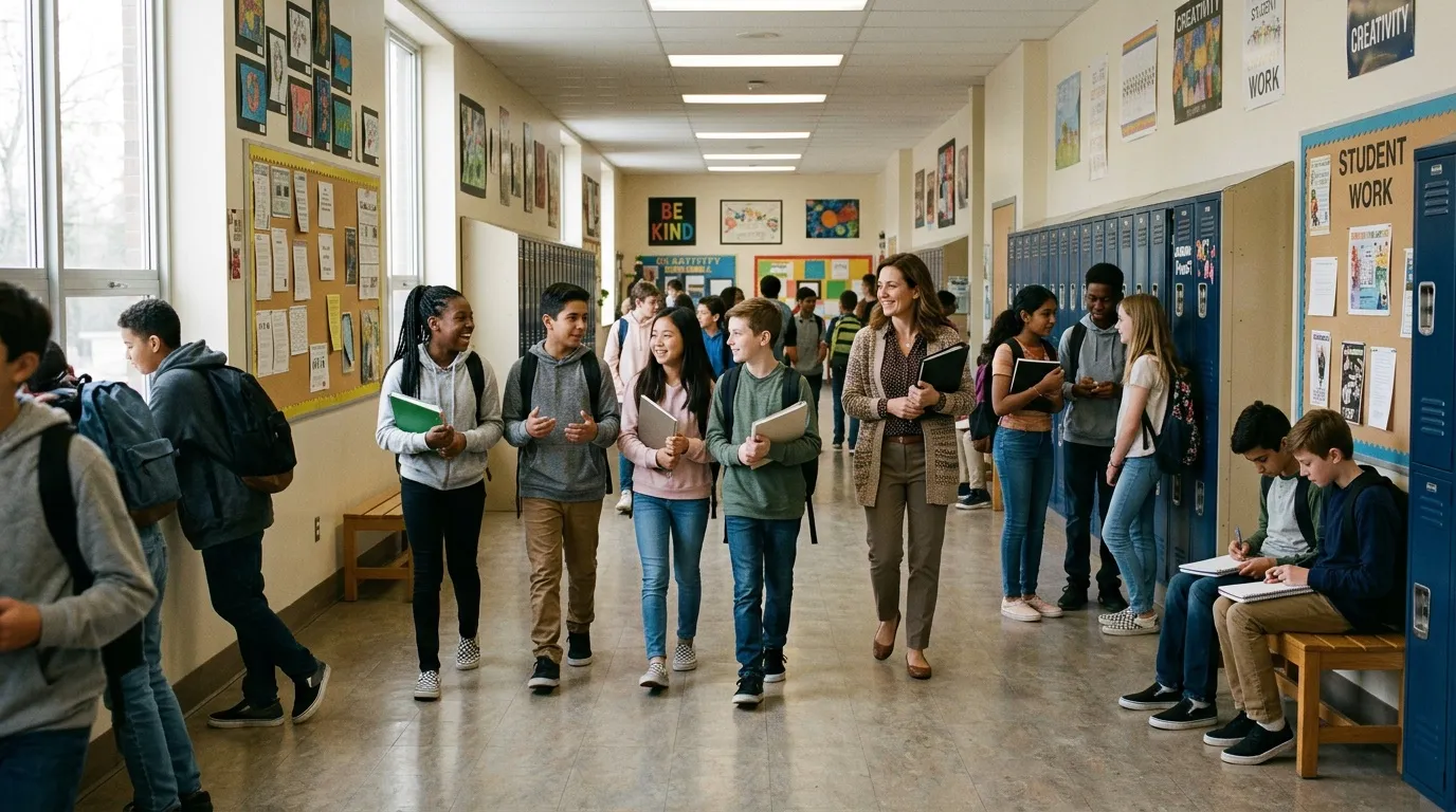 Étudiants et enseignante marchant dans un couloir d'école