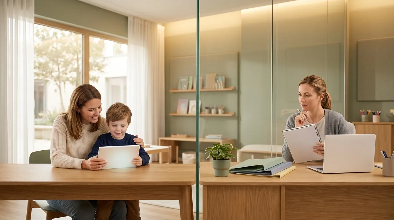 Femme travaille en ligne pendant que m&egrave;re et enfant utilisent tablette