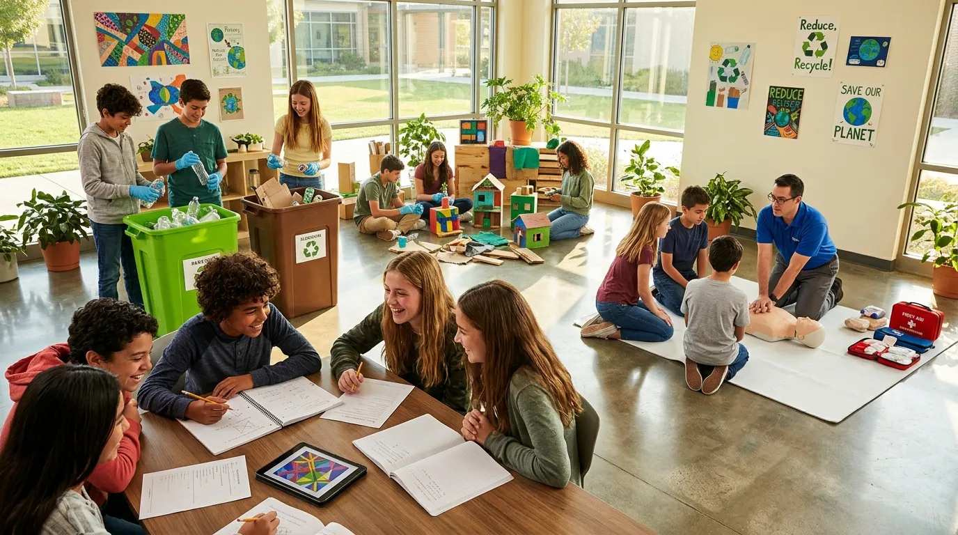 Enfants et adultes participent à des activités écologiques éducatives
