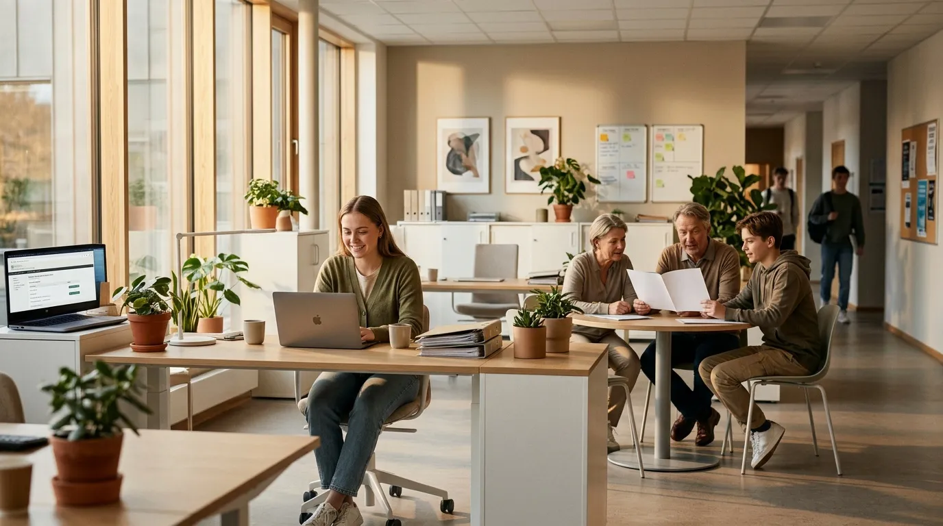 Employés travaillant ensemble dans un bureau lumineux et verdoyant
