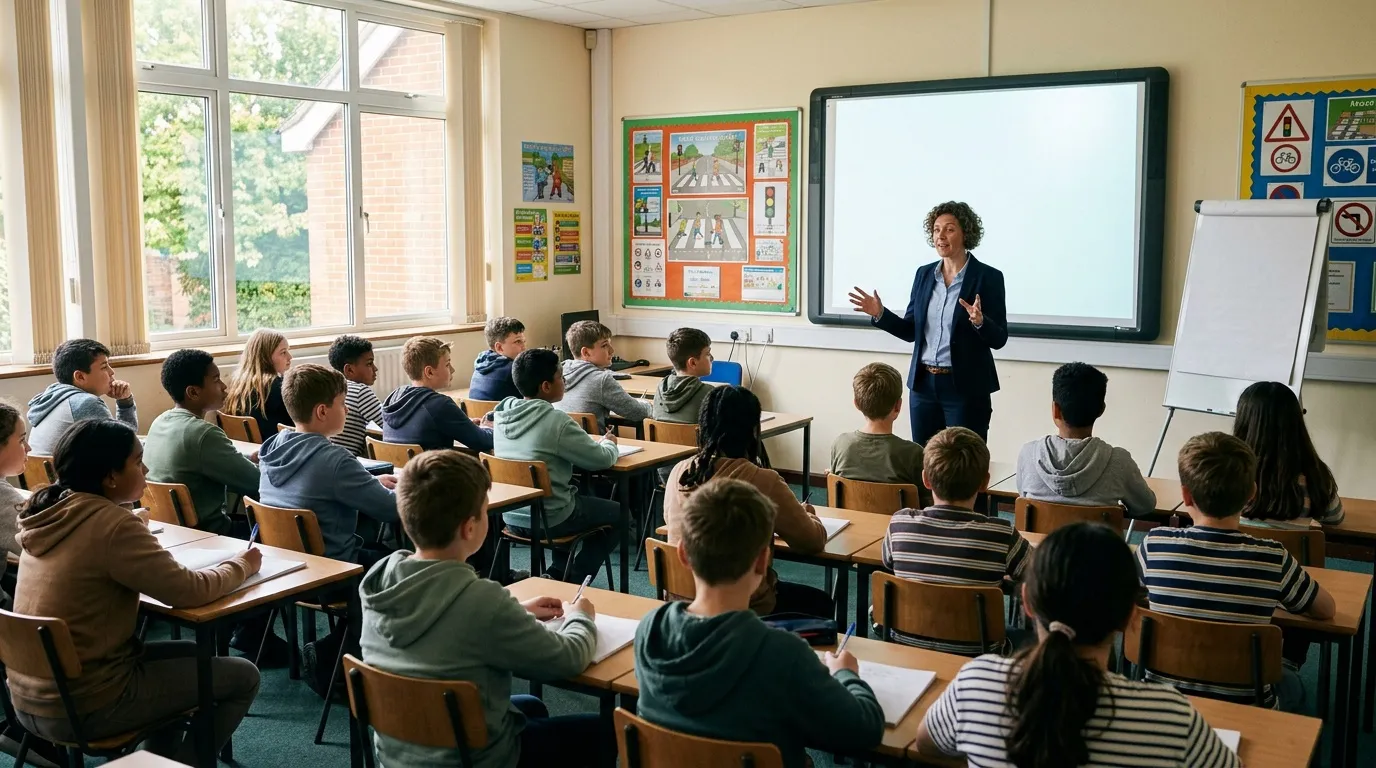 Professeure enseignant à une classe d'élèves devant tableau blanc