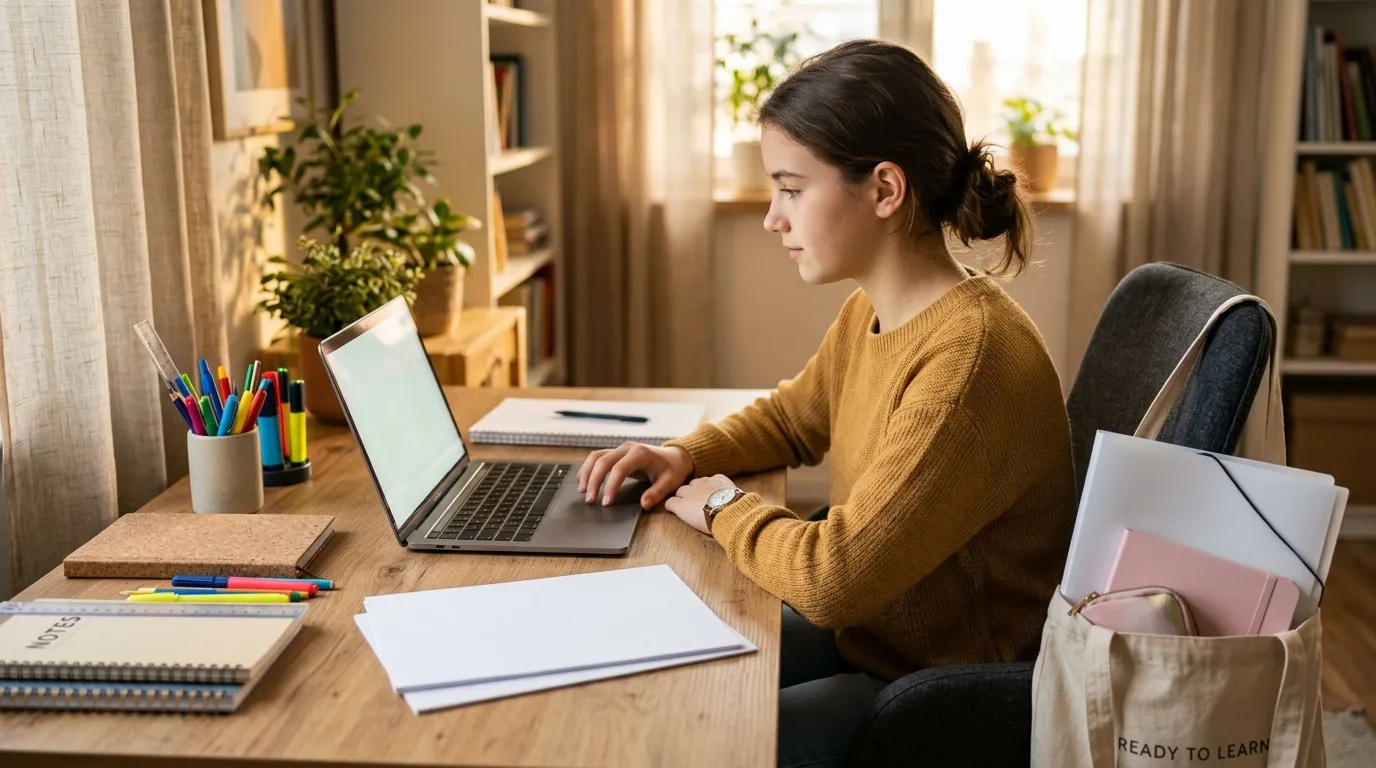 Adolescente travaillant sur laptop à son bureau d'étude