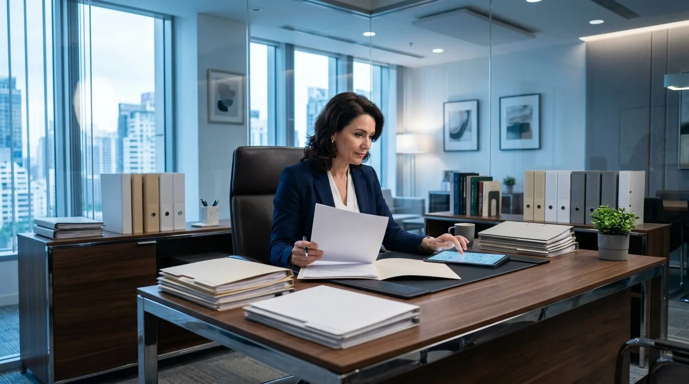Femme d'affaires travaillant à son bureau dans un gratte-ciel