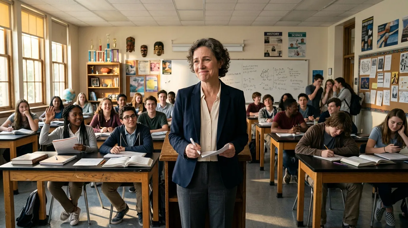 Professeure debout face à ses élèves dans une salle de classe.