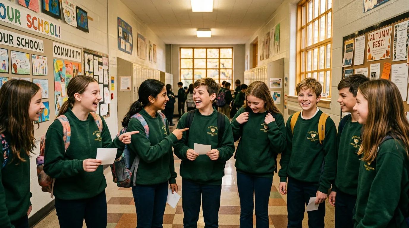 Groupe d'enfants en uniforme scolaire vert riant ensemble