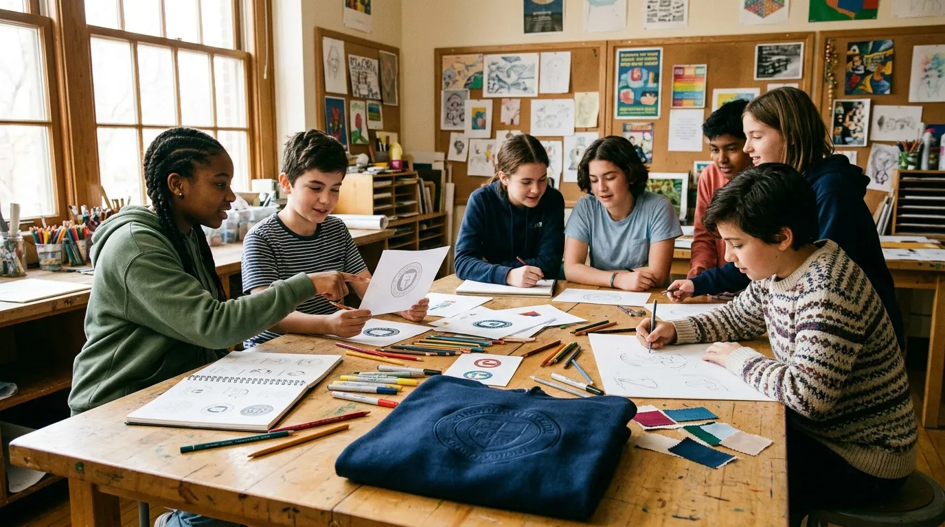 Groupe d'enfants dessinent ensemble autour d'une table en classe