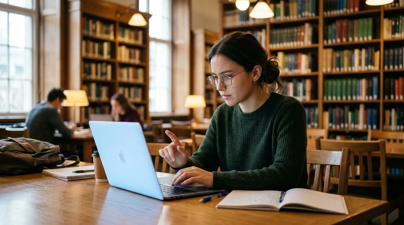 Jeune femme étudiant avec laptop dans une bibliothèque