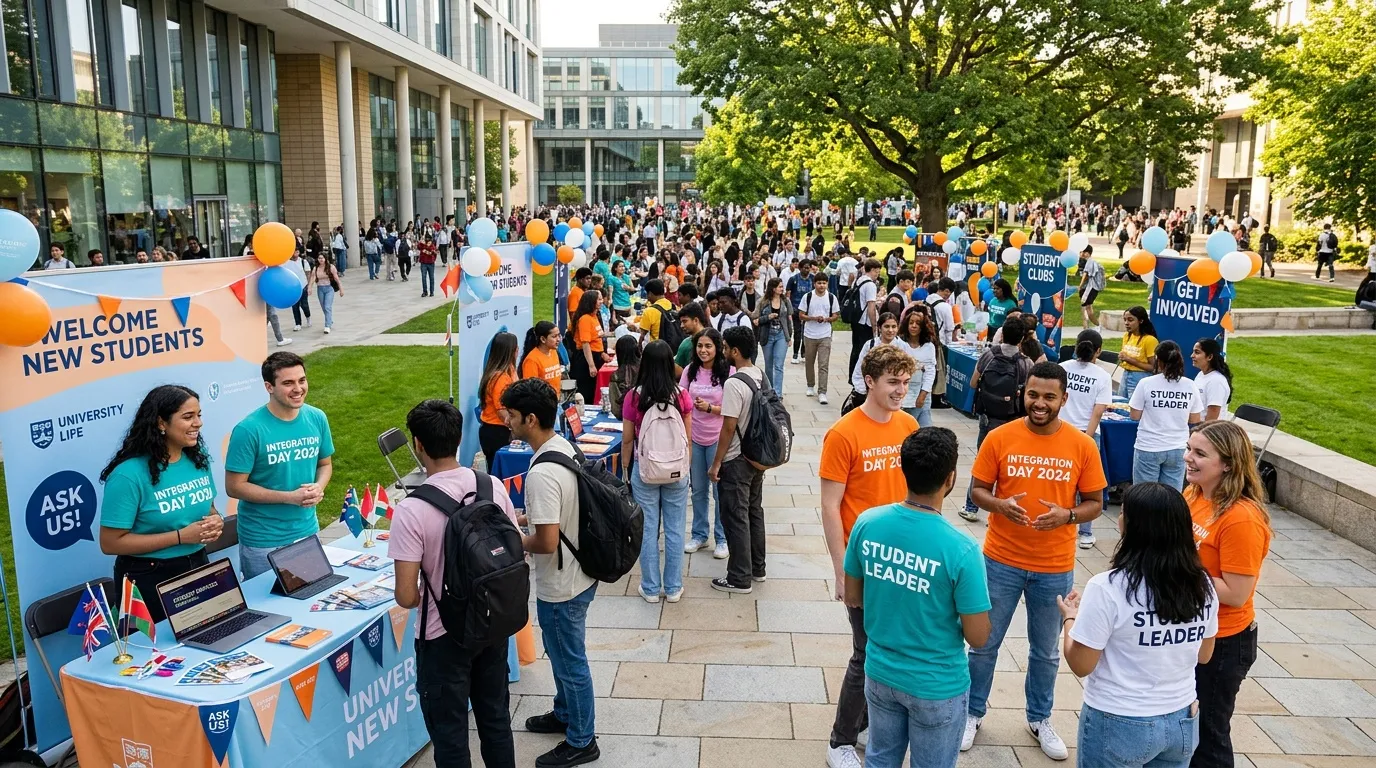 Centaines d'étudiants lors d'un événement d'accueil universitaire avec stands informatifs.