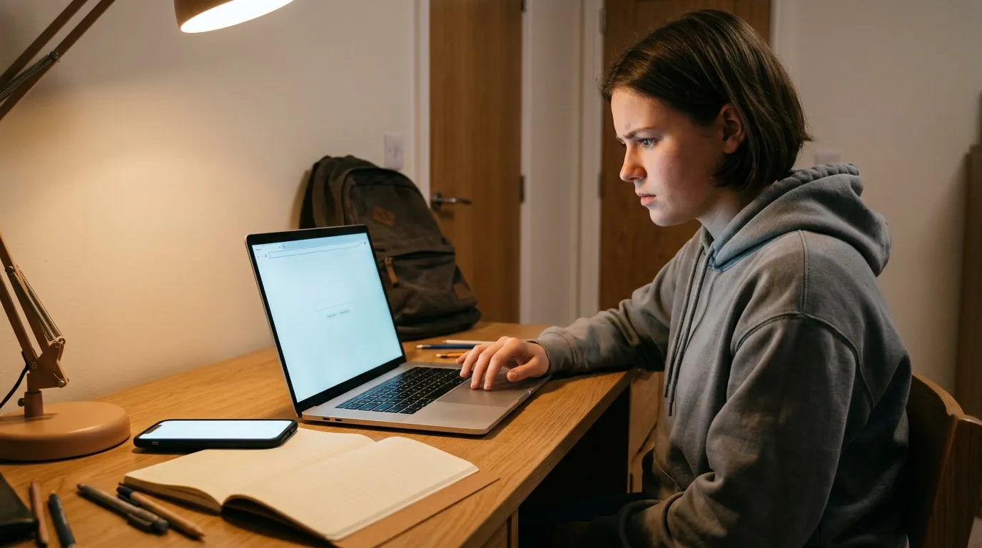 Adolescent concentr&eacute; utilisant un laptop &agrave; son bureau