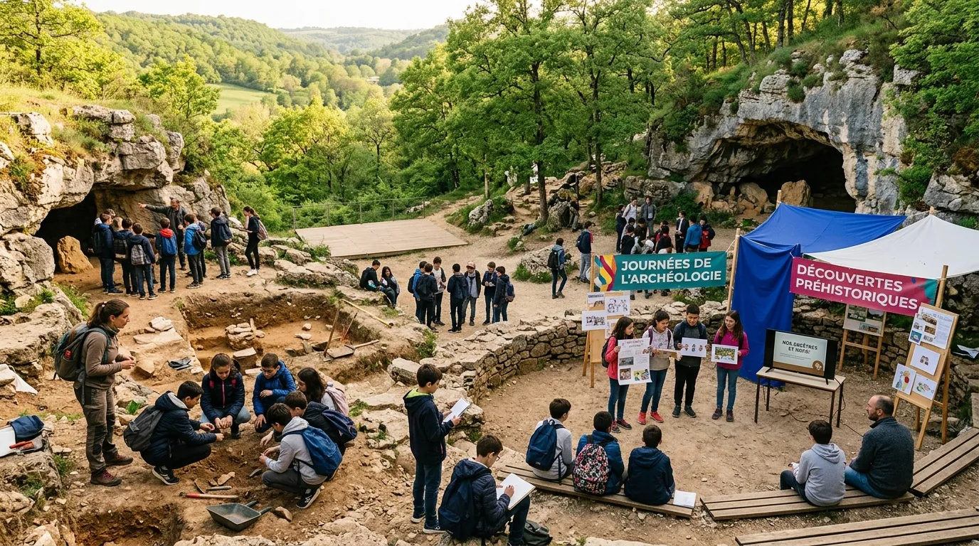 &Eacute;tudiants participent &agrave; des fouilles arch&eacute;ologiques pr&eacute;historiques en grotte.