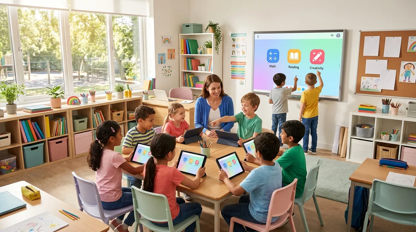 Enseignante et enfants utilisant tablettes en classe interactive.