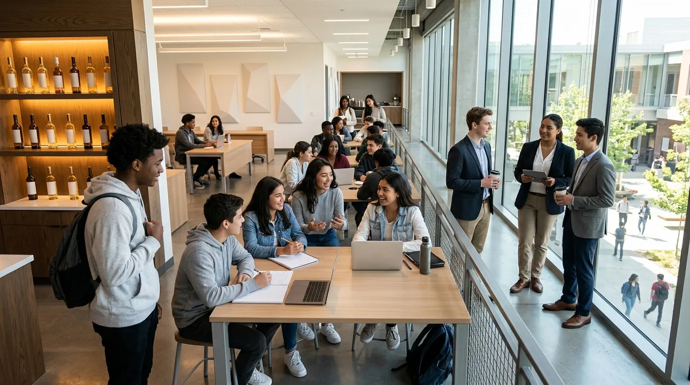 Groupe de professionnels discutant dans un bureau lumineux avec baies vitrées
