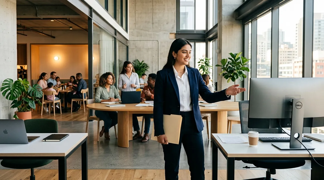 Femme en blazer bleu présentant dans un open space contemporain