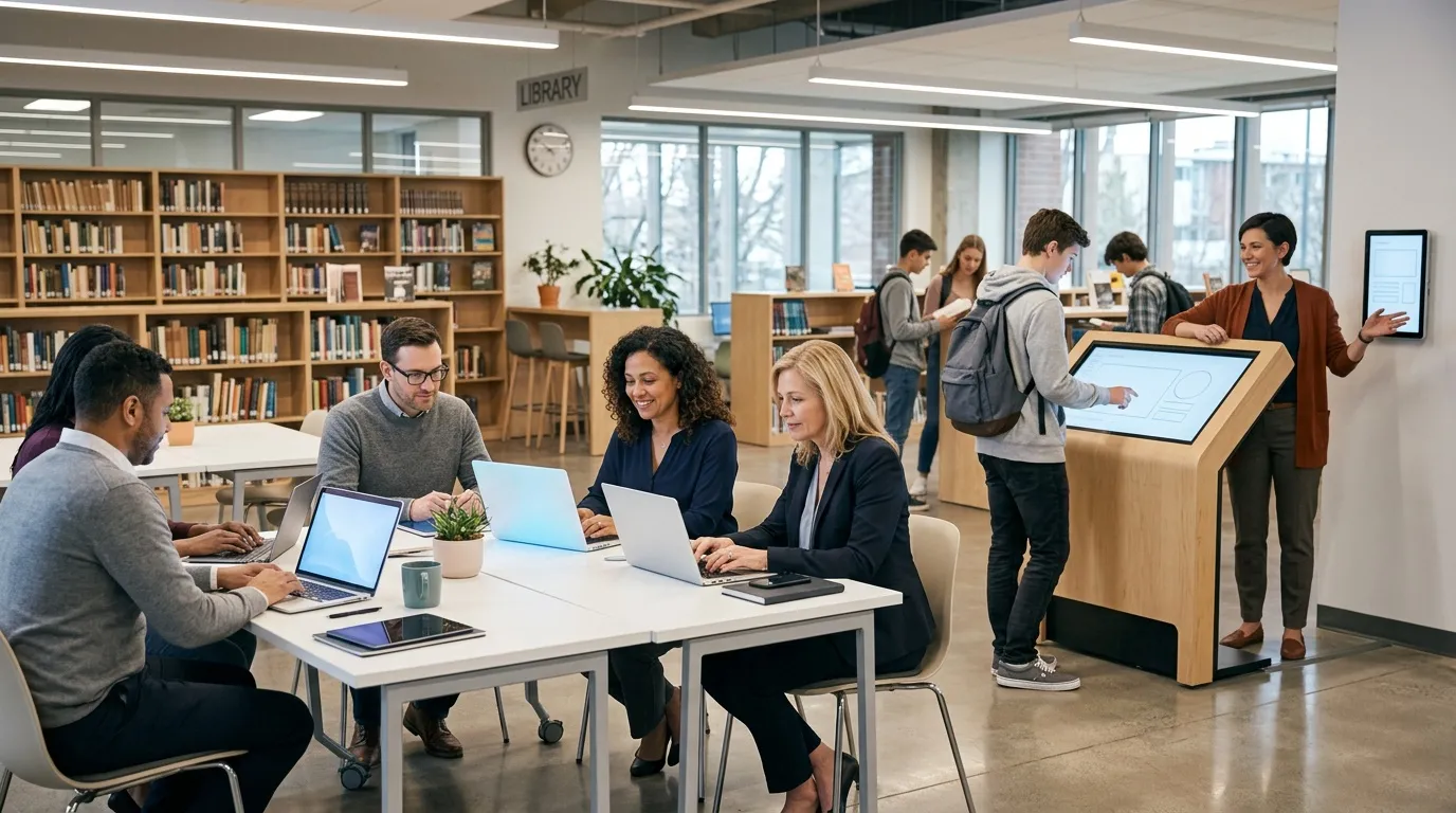 Groupe de personnes travaillant ensemble avec des ordinateurs portables en bibliothèque contemporaine.