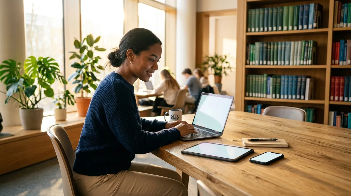 Femme souriante travaillant sur ordinateur portable &agrave; la biblioth&egrave;que universitaire