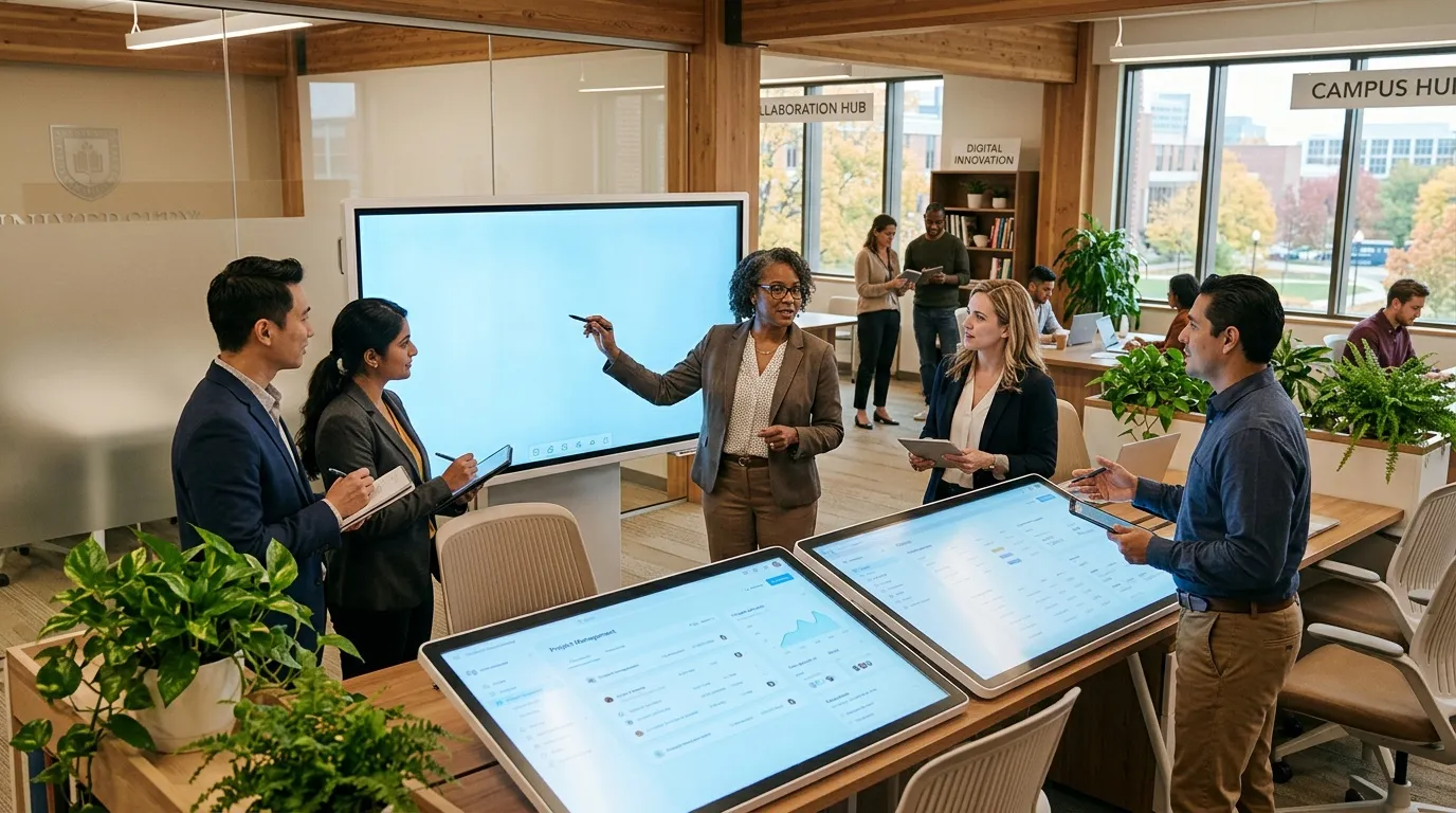 &Eacute;quipe en r&eacute;union autour d'&eacute;crans tactiles interactifs modernes