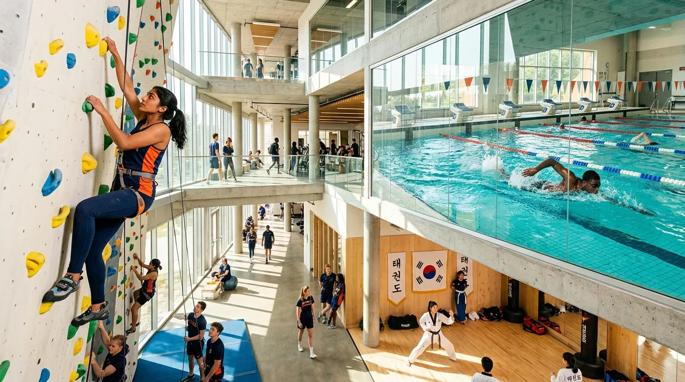 Femme escalade mur, piscine et salle taekwondo visibles