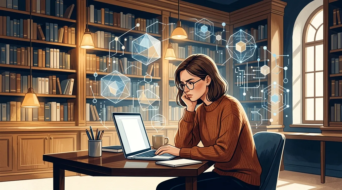Femme travaillant sur ordinateur portable dans une bibliothèque futuriste