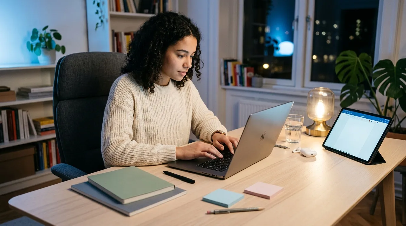 Femme en pull beige tapant sur son laptop &agrave; son bureau
